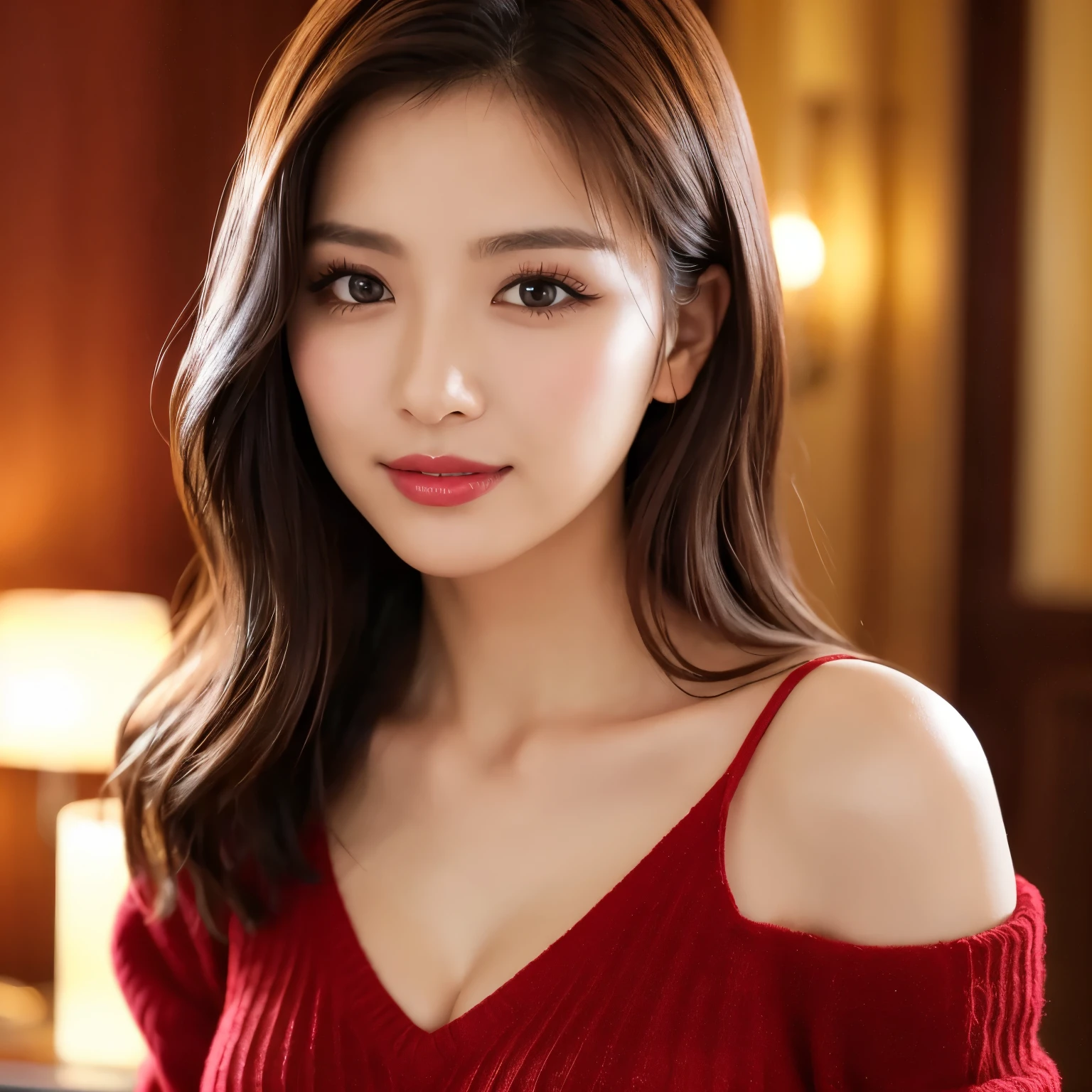 (highest quality、table top、8k、best image quality、Award-winning work)、(one young girl, :1.1)、(Perfect V-neck red long knit sweater:1.3)、red eyeshadow、perfect makeup、long eyelashes、Super high-definition sparkling eyes、ultra high definition hair、ultra high resolution glossy lips、Super high resolution cute face、brown hair、big breasts、cleavage、look at me and smile、accurate anatomy、close up of face、Luxury love hotel、(The most moody warm lighting:1.1)、blurred background, Random body orientation,