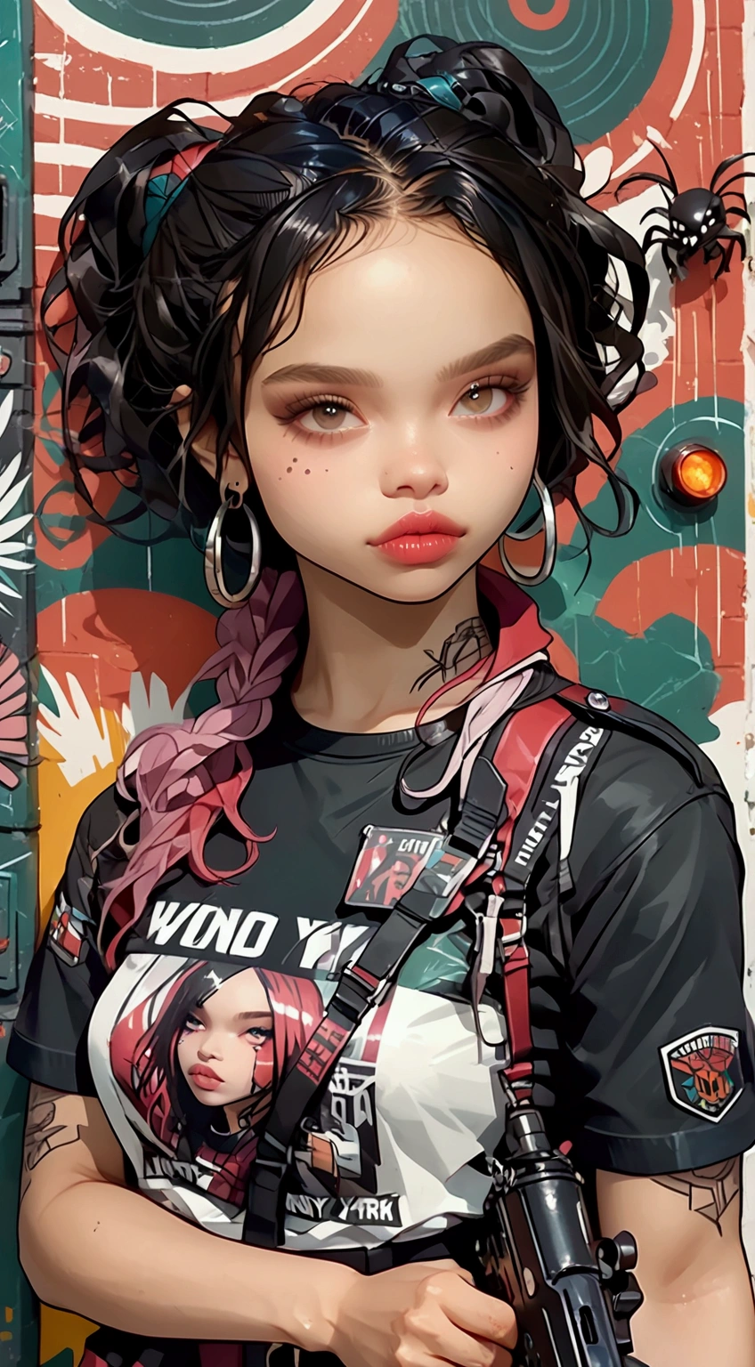  Focused on New York City , isometric,  Graffiti illustration by Zoë Kravitz, colorful and very detailed ,  ready to print on vector t-shirt , wearing military uniform,  holding rifle,  face, vibrant color,  high detail 