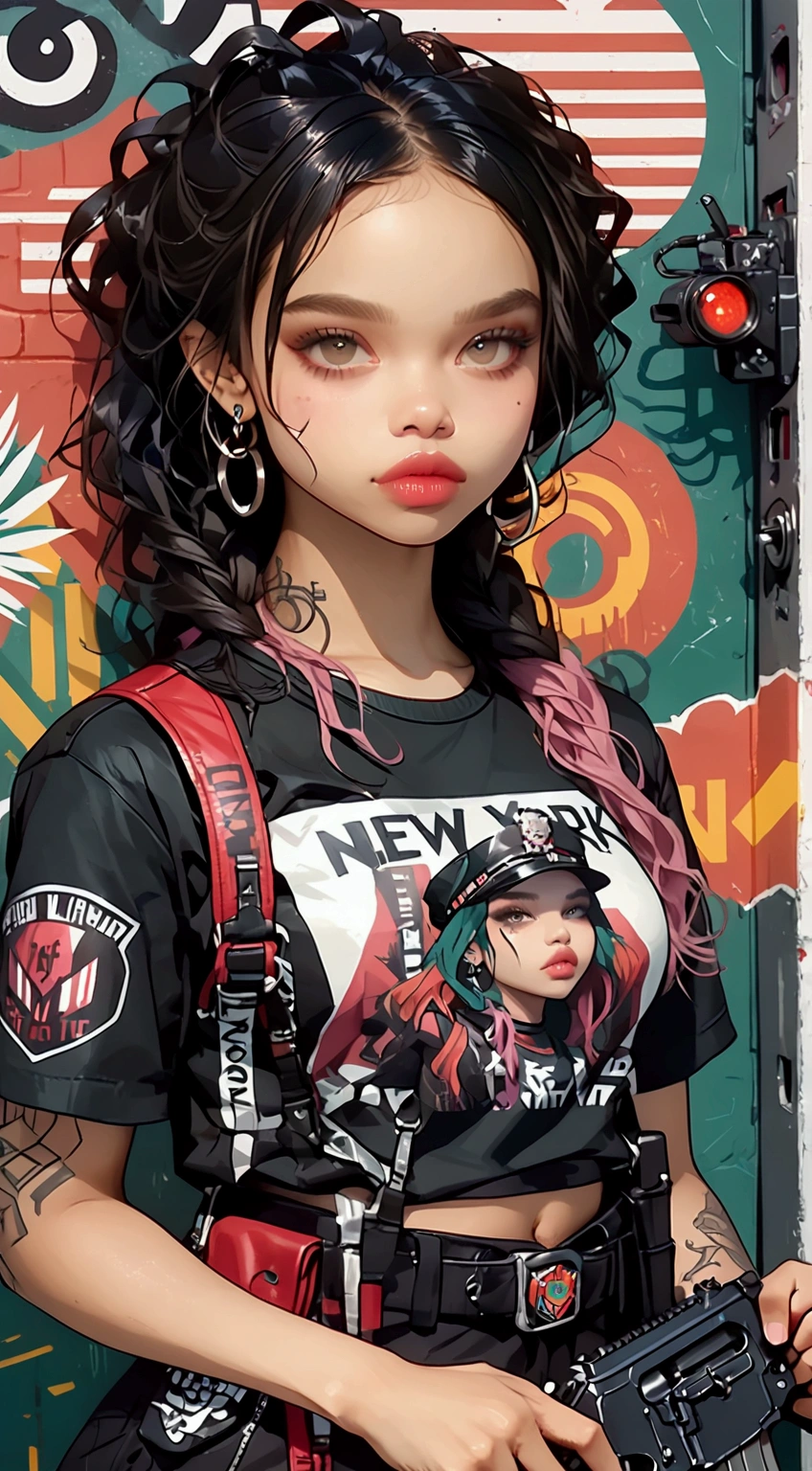  Focused on New York City , isometric,  Graffiti illustration by Zoë Kravitz, colorful and very detailed ,  ready to print on vector t-shirt , wearing military uniform,  holding rifle,  face, vibrant color,  high detail 