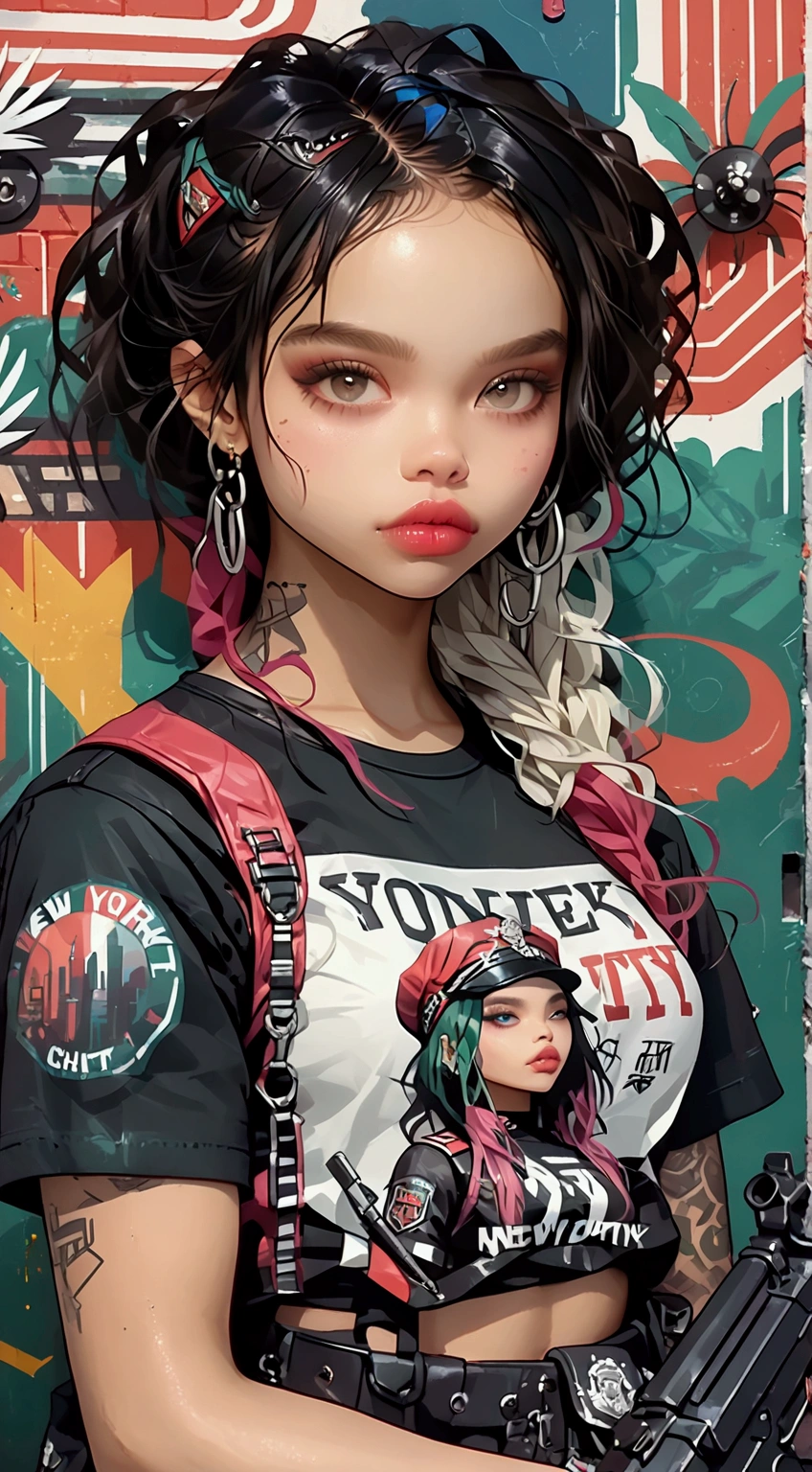  Focused on New York City , isometric,  Graffiti illustration by Zoë Kravitz, colorful and very detailed ,  ready to print on vector t-shirt , wearing military uniform,  holding rifle,  face, vibrant color,  high detail 