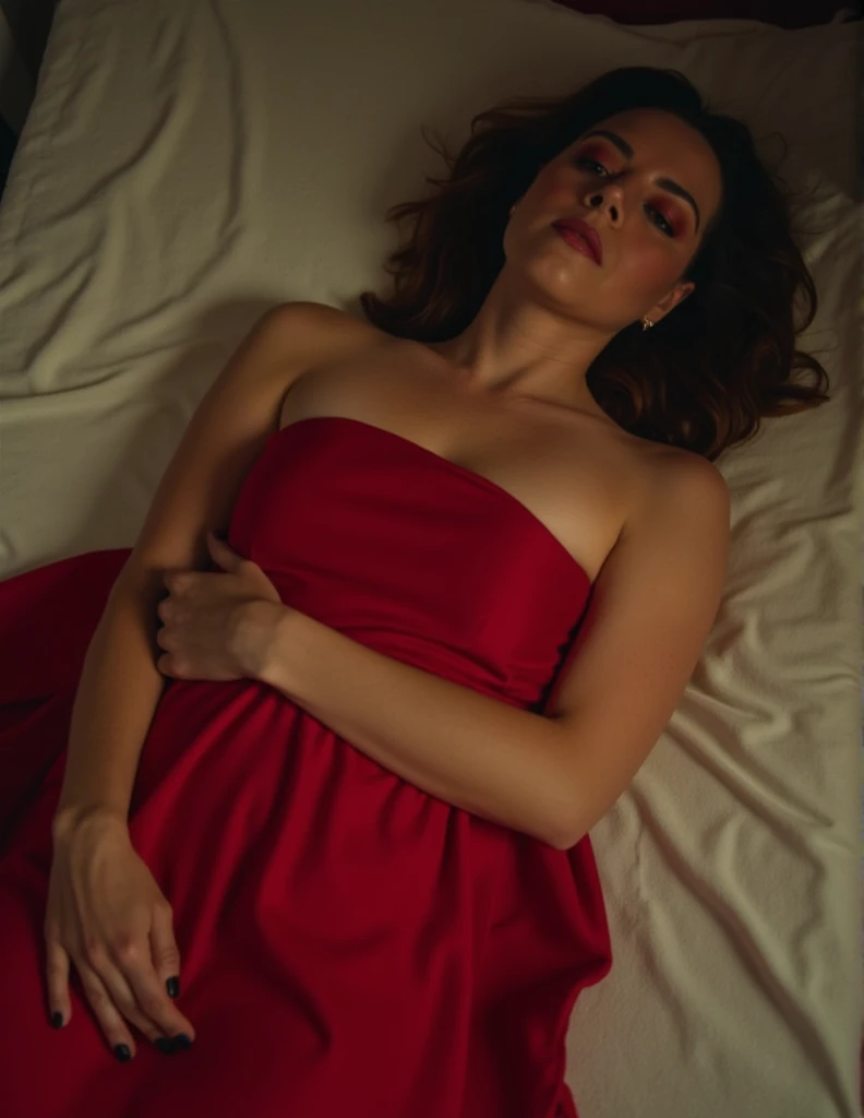 Aubrey Plaza, picture from above, lying limp on a bed on back, red strapless dress , drunk face