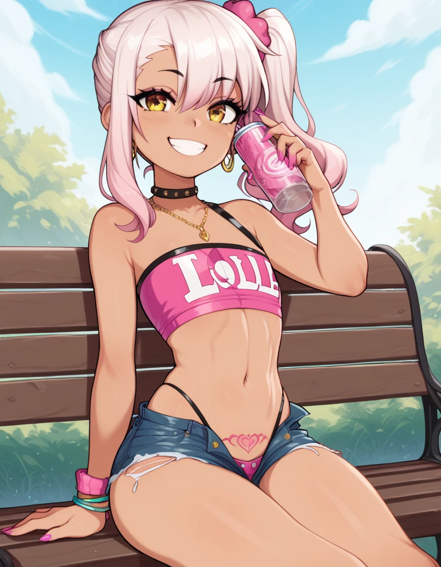 1girl,solo,smile,outdoor,midriff, pink tube top, denim hotpants, open fly, beld, gyaru clothes, thighighs,sitting,bench, chloe,dark_skinned_female,dark_skin,long_hair,pink_hair,yellow_eyes,hair_between_eyes,white_hair,bangs,flat chest,,half_updo,one_side_up, young girl, (loli:1.3), (afrobull), slender waist, nice hips, slut, side ponytail, pubic tattoo,