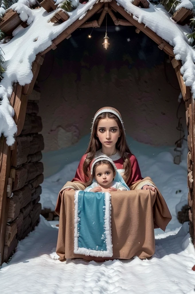 a ************ jesus in a humble manger, mary and joseph looking at him with awe and reverence, angelic figures surrounding the holy family, glowing light emanating from the , snow-covered landscape outside the cave, warm and cozy interior, detailed religious iconography, masterpiece, photorealistic, highly detailed, cinematic lighting, muted color palette, sacred and spiritual atmosphere