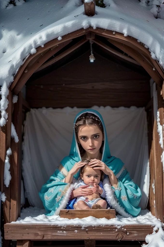 a ************ jesus in a humble manger, mary and joseph looking at him with awe and reverence, angelic figures surrounding the holy family, glowing light emanating from the , snow-covered landscape outside the cave, warm and cozy interior, detailed religious iconography, masterpiece, photorealistic, highly detailed, cinematic lighting, muted color palette, sacred and spiritual atmosphere