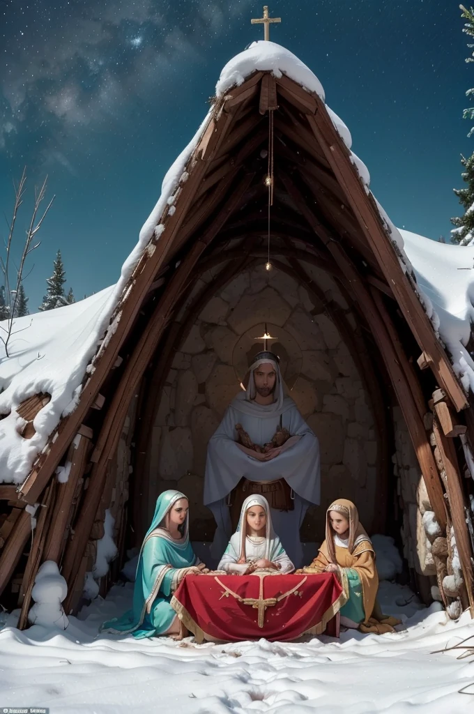 a ************ jesus in a humble manger, mary and joseph looking at him with awe and reverence, angelic figures surrounding the holy family, glowing light emanating from the , snow-covered landscape outside the cave, warm and cozy interior, detailed religious iconography, masterpiece, photorealistic, highly detailed, cinematic lighting, muted color palette, sacred and spiritual atmosphere