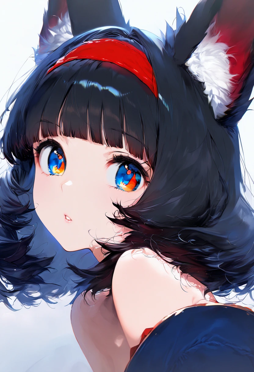 1girl,solo, bangs, parted lips, blunt bangs, black hair, lips, portrait, medium hair, blue eyes, looking at viewer, cute, high detailed, eyelashes, red hairband, breast, long fox ears, orange pupils, soft red eyes, animal_ears_fluff, upper body, masterpiece