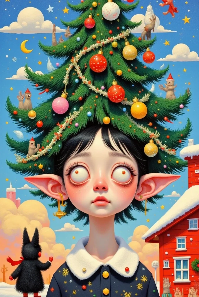 a painting of a woman with a christmas tree on her head, pop surrealism lowbrow art style, jen bartel, lowbrow pop surrealism, pop surrealism art style, japanese pop surrealism, christmas tree, by Yi Inmun, a beautiful artwork illustration, pop surrealism, beeple and jeremiah ketner, magical realism bizarre art, whimsical surrealism