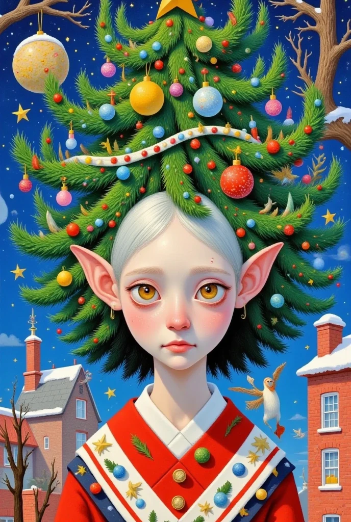 a painting of a woman with a christmas tree on her head, a surrealist painting by Yi Inmun, Artstation, pop surrealism, pop surrealism lowbrow art style, jen bartel, lowbrow pop surrealism, pop surrealism art style, japanese pop surrealism, christmas tree, a beautiful artwork illustration, beeple and jeremiah ketner, magical realism bizarre art