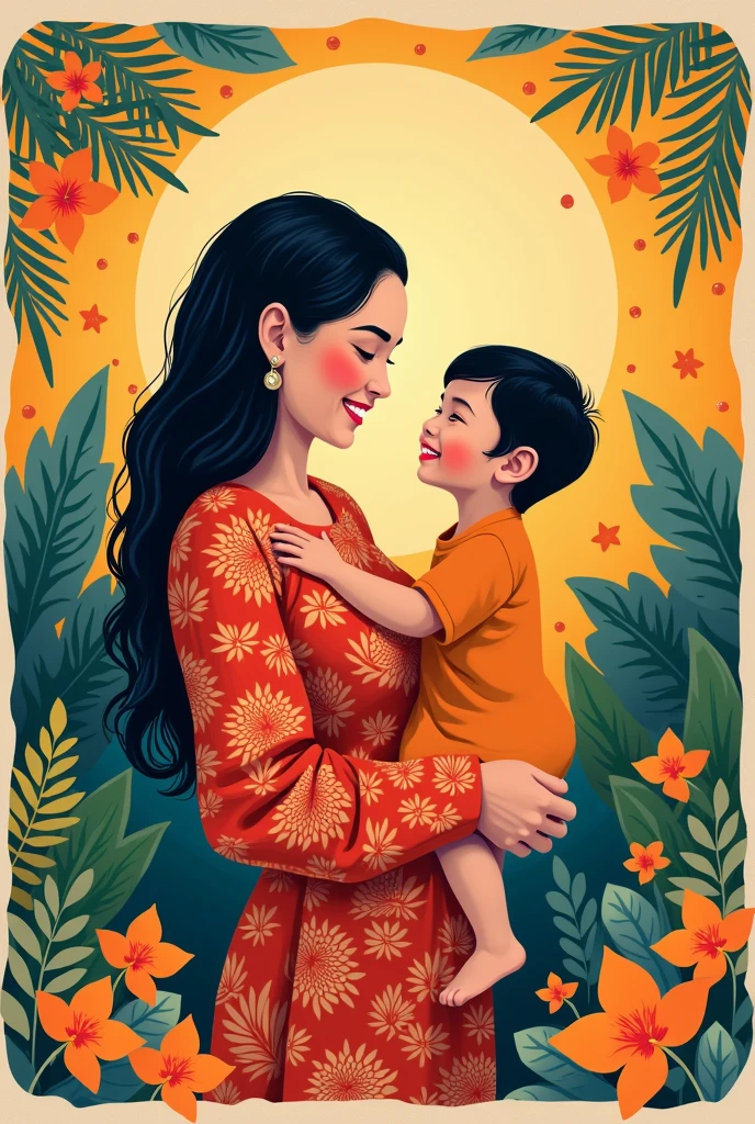 WPAP Style, a close up of  a woman holding a baby in a sling in a kitchen, inspired by I Ketut Soki, batik, with a kid, with ivy, by I Ketut Soki, wearing traditional garb, special, barong family member, inspired by Mym Tuma,30 years old woman, by Benjamin Block ,on a colorful background, vector art style, in style of digital illustration, extremely high quality artwork, vector art, vector artwork, high quality portrait, digital art illustration, artistic illustration, stylized digital illustration, beautiful artwork, wpap