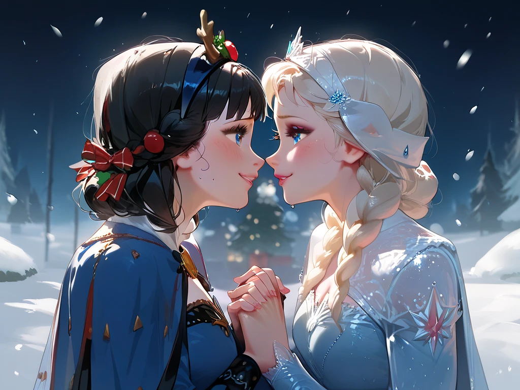 Elsa Couple of cute lesbian girls holding hands at Christmas not IA blonde, Snow White 