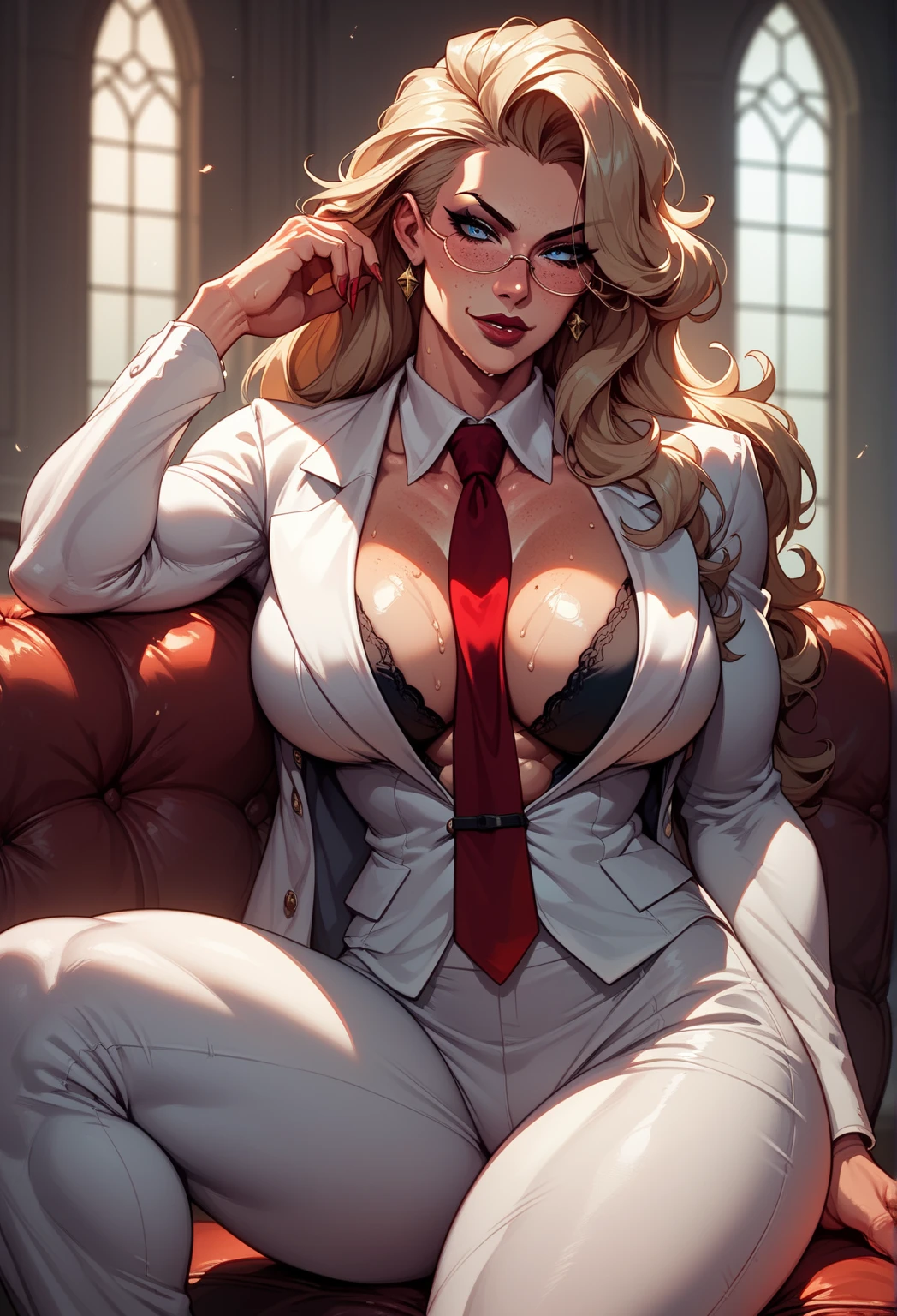 _   anime style   ,1Women,  long blond hair  ,    white skin   ,Muscular,  long blond hair  , Suit , deep neckline,   Big breasts  ,   big thighs, blue eyes, Mesa, corpo de milf,sweaty,freckles, pose sexy, seductive, Lust, Tie between the breasts , calling,   mischievous expression  , dominatrix, imposing, provocative body, dress pants, Woman Boss,  oppressing employee