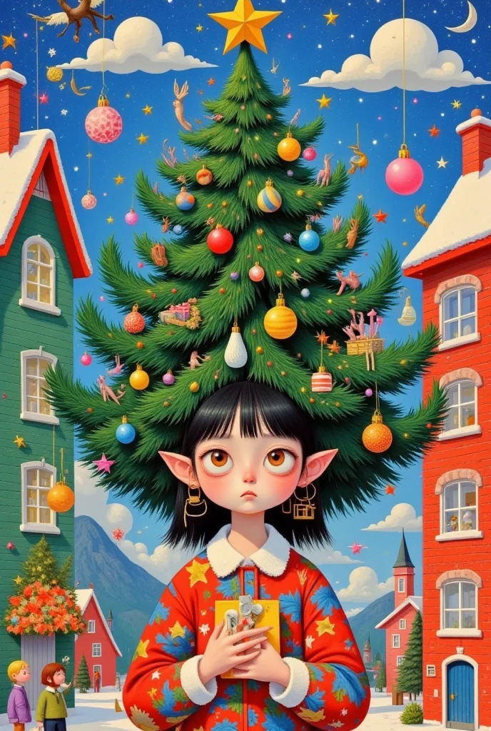 a painting of a woman with a christmas tree on her head, pop surrealism lowbrow art style, jen bartel, lowbrow pop surrealism, pop surrealism art style, japanese pop surrealism, christmas tree, by Yi Inmun, a beautiful artwork illustration, pop surrealism, beeple and jeremiah ketner, magical realism bizarre art, whimsical surrealism