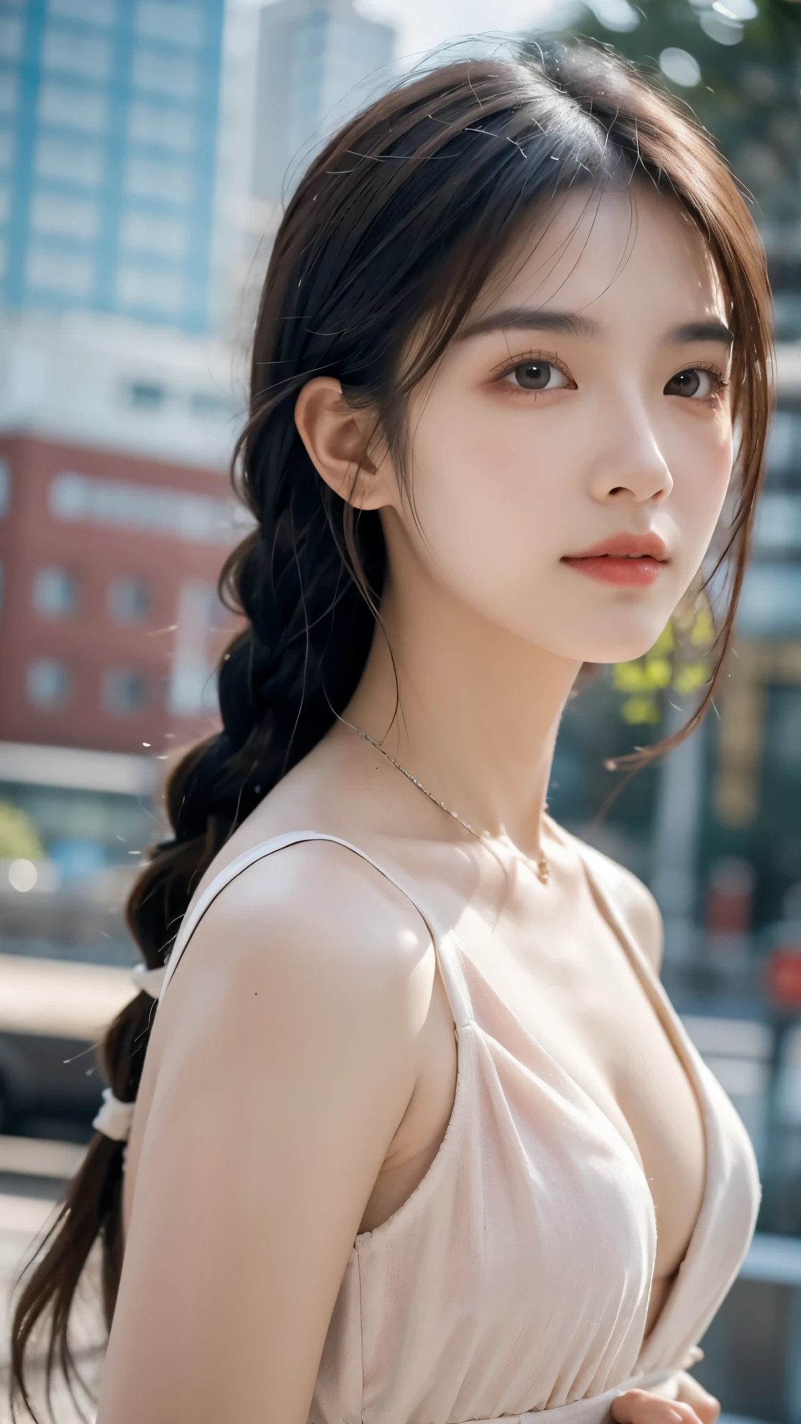 masterpiece, The best quality, Ultra-high resolution, High detail photo, Unity 8K Wallpaper, Extremely detailed CG:1.2), depth of field, bokeh, (RAW photo:1.realistic photography:1.4), (1girl:1.5), young, physically based representation, beautiful, (Finely detailed face:1.4, detailed clothing), (detailed:1.4) named (Eimi Fukada:1.1) BREAK Cara hermosa, depth of field, Add layer, hyperrealistic, 27 years old, perfect body model, perfect breasts, 175cm tall, pose sexy, full body, Whole body, Model Body Type, BREAK (extreme skin details:1.1), skin details, (sexy costume:1.3), double eyelid BREAK smile, seductive pose, standing, standing outside, medieval house, outdoor, medieval style, (castle:1.3), (close up:0.3), french braids, Nikon Z7 II camera, Fuji Velvia 50 film, 50mm lens, high saturation,