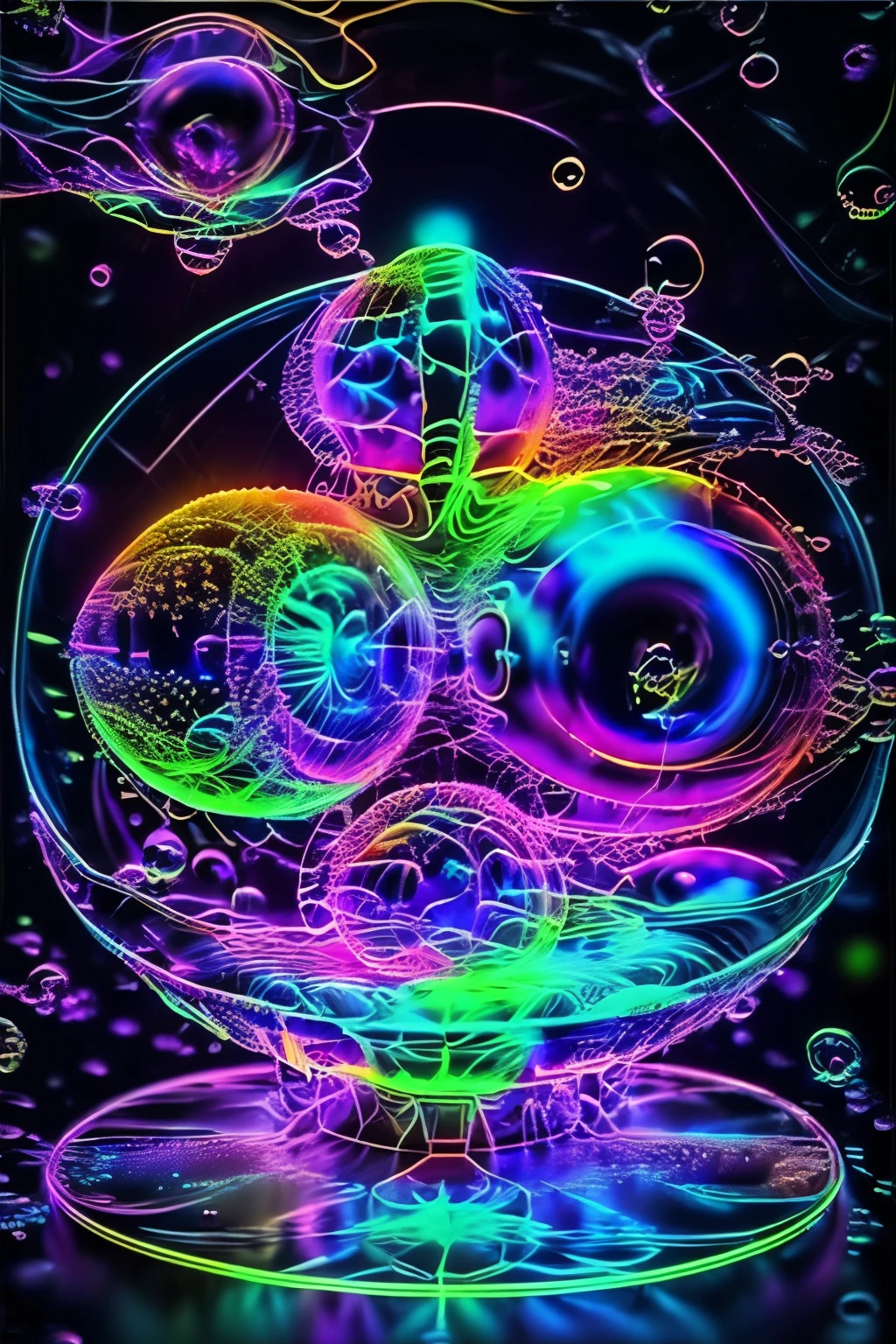 A spiraling vortex of beautiful bubbles of different neon colors swirling over and under each other, LSD, DMT imagery, psychedelic droplets of water, abstract liquid, and intricate rainbow art. octane render, black 3d fluid simulation,ethereal bubbles, swirling multicolored liquids against a pitch black background and highly detailed, octane render, reflective rainbow bubbles, twisted colors inside of glass spheres, Psilocybin Dream inside an amazing image of light emerging from colors in a shimmering glass morphing out of colors, bright neon and fluorescent colors,very bright, vibrant colors, perfectly formed and symmetrical reflective bubbles and spheres, attention to detail with these beautiful bubbles and spheres, Extreme Hallucinations in a gorgeous piece of  psychedelic digital artwork, Stunning, pixel art, tripped out colors, 4d mandelbulb psychedelics, glass like psychedelic landscape, intricate rainbow environment, psychedelic underwater brightness and glow with neon colors, glowing colors twist inside of translucent glass spheres and bubbles with light and color reflecting off of both in bright fluorescent colors, psychedelic trip, fluorescent and neon aesthetic, psychedelic vibrant colors, bright psychedelic paint splattered backgrounds,swirling spirals and vortex, bright vibrant colors popping out from 3d glass spheres, Rotational Symmetry, Pixel Assets, Portrait photography, Surrealism, Photorealistic, Hyperdetailed, Glass Morphism, Digital Art, Sparkle, Optical Illusion, Glowing Light, Reflective Light, Overexposure, Backlighting, Depth Of Field, Spheres and bubbles show perfect Symmetry, UHD, High Details, High Quality, Super Detailed, Full Focus, Awe inspiring,  Breathtaking, Indescribably Beautiful, Heaven sent images, Best Quality, Award Winning, Masterpiece. psychedelic droplets of water, abstract liquid, and intricate, octane render, black 3d fluid simulation,  