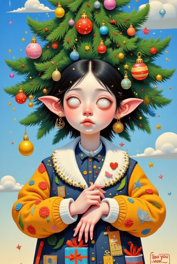 a painting of a woman with a christmas tree on her head, a surrealist painting by Yi Inmun, Artstation, pop surrealism, pop surrealism lowbrow art style, jen bartel, lowbrow pop surrealism, pop surrealism art style, japanese pop surrealism, christmas tree, a beautiful artwork illustration, beeple and jeremiah ketner, magical realism bizarre art