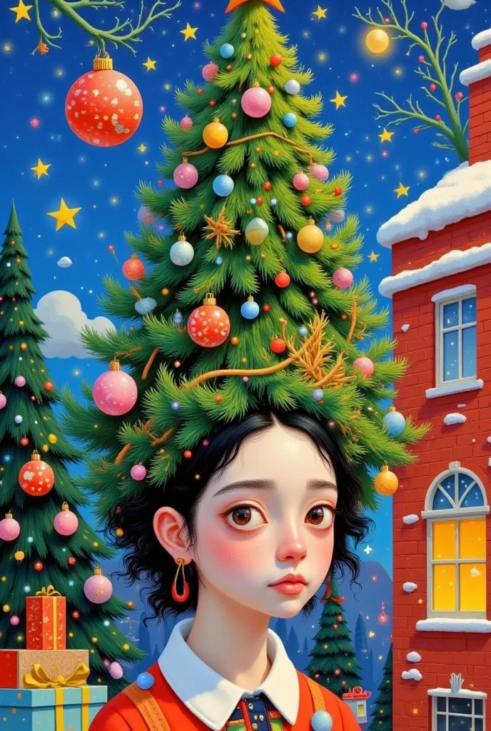 a painting of a woman with a christmas tree on her head, a surrealist painting by Yi Inmun, Artstation, pop surrealism, pop surrealism lowbrow art style, jen bartel, lowbrow pop surrealism, pop surrealism art style, japanese pop surrealism, christmas tree, a beautiful artwork illustration, beeple and jeremiah ketner, magical realism bizarre art