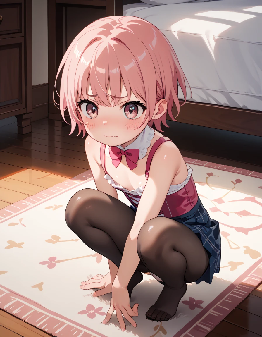 score_9, score_8_up, score_7_up, score_6_up, score_5_up, score_4_up, source_anime, masterpiece, best quality, loli, petite, shiny skin, gleaming skin, flat chest, pink hair, short hair, pink eyes, underbust, embarrassed, on floor, indoors, :o, carpet, Stretch one leg, squatting, black pantyhose,, panties under pantyhose, panties, full body,