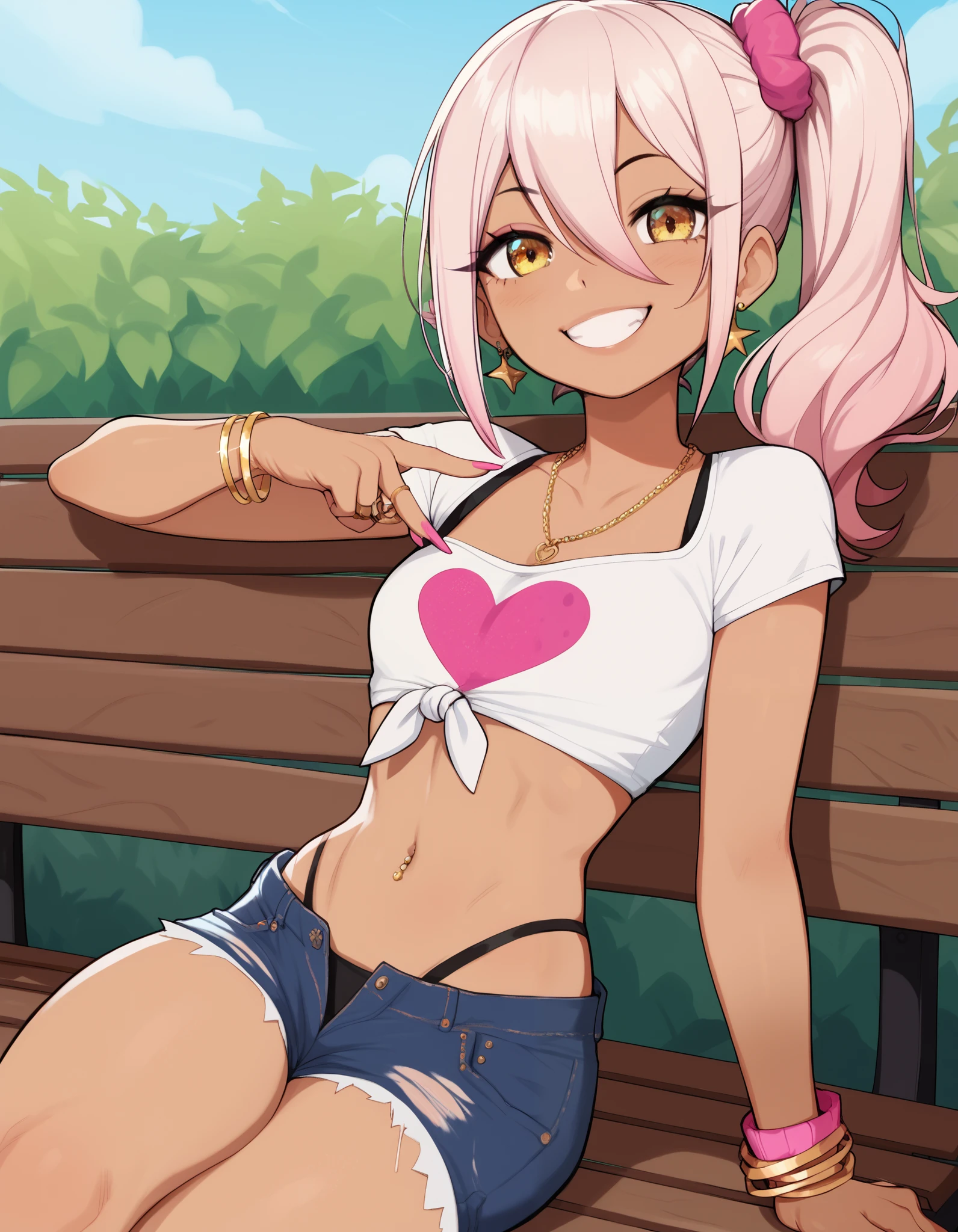 1girl,solo,smile,outdoor,midriff, pink tube top, denim hotpants, open fly, beld, gyaru clothes, thighighs,sitting,bench, chloe,dark_skinned_female,dark_skin,long_hair,pink_hair,yellow_eyes,hair_between_eyes,white_hair,bangs,small_breasts,,half_updo,one_side_up, young girl, loli:1.3, (afrobull), slender waist, nice hips, slut, side ponytail,