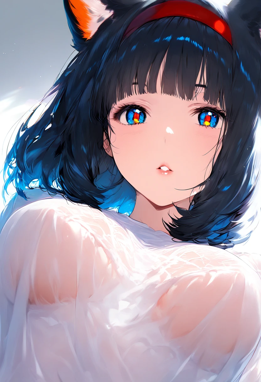 1girl,solo, bangs, parted lips, blunt bangs, black hair, lips, portrait, medium hair, blue eyes, looking at viewer, cute, high detailed, eyelashes, red hairband, breast, long fox ears, orange pupils, soft red eyes, animal_ears_fluff, upper body, white shirt, no bra,see-through,masterpiece