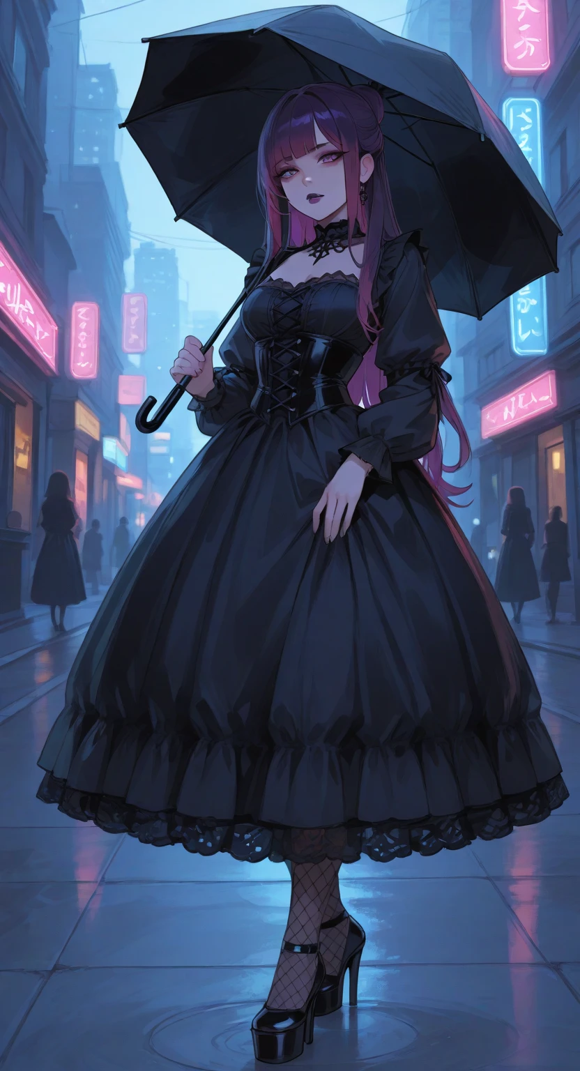 A Goth Punk woman walking through a rainy city street, holding a black umbrella with lace trim. She wears a Victorian-inspired black velvet dress with a corset and a high slit, fishnet tights, and platform heels. Her hair is styled in an elaborate updo with streaks of magenta, and her makeup includes a dark, smudged eyeliner and a dramatic maroon lip. The rain reflects neon lights from nearby buildings, creating a vivid, dystopian aesthetic.