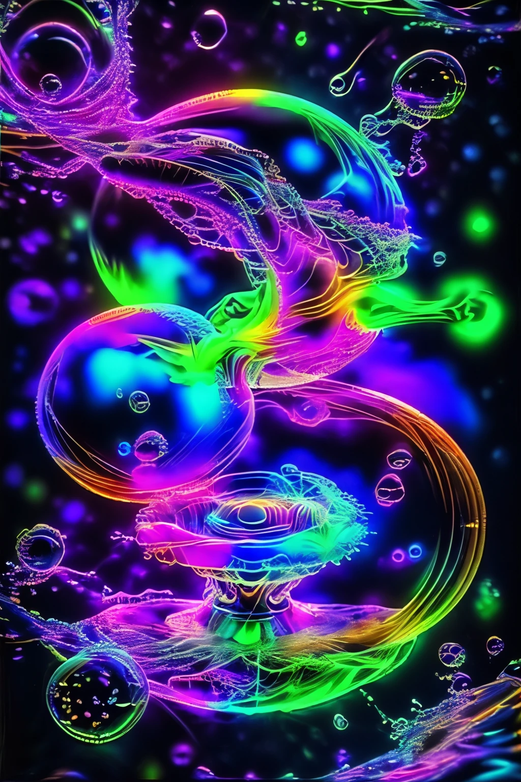 A spiraling vortex of beautiful bubbles of different neon colors swirling over and under each other, LSD, DMT imagery, psychedelic droplets of water, abstract liquid, and intricate rainbow art. octane render, black 3d fluid simulation,ethereal bubbles, swirling multicolored liquids against a pitch black background and highly detailed, octane render, reflective rainbow bubbles, twisted colors inside of glass spheres, Psilocybin Dream inside an amazing image of light emerging from colors in a shimmering glass morphing out of colors, bright neon and fluorescent colors,very bright, vibrant colors, perfectly formed and symmetrical reflective bubbles and spheres, attention to detail with these beautiful bubbles and spheres, Extreme Hallucinations in a gorgeous piece of  psychedelic digital artwork, Stunning, pixel art, tripped out colors, 4d mandelbulb psychedelics, glass like psychedelic landscape, intricate rainbow environment, psychedelic underwater brightness and glow with neon colors, glowing colors twist inside of translucent glass spheres and bubbles with light and color reflecting off of both in bright fluorescent colors, psychedelic trip, fluorescent and neon aesthetic, psychedelic vibrant colors, bright psychedelic paint splattered backgrounds,swirling spirals and vortex, bright vibrant colors popping out from 3d glass spheres, Rotational Symmetry, Pixel Assets, Portrait photography, Surrealism, Photorealistic, Hyperdetailed, Glass Morphism, Digital Art, Sparkle, Optical Illusion, Glowing Light, Reflective Light, Overexposure, Backlighting, Depth Of Field, Spheres and bubbles show perfect Symmetry, UHD, High Details, High Quality, Super Detailed, Full Focus, Awe inspiring,  Breathtaking, Indescribably Beautiful, Heaven sent images, Best Quality, Award Winning, Masterpiece. psychedelic droplets of water, abstract liquid, and intricate, octane render, black 3d fluid simulation,  