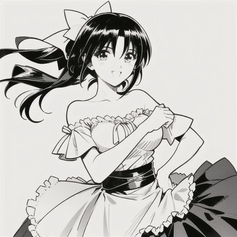 ((((image in the artistic style of mangaka Nobuhiro Watsuki)))), Close-up body, 1girl, HD,1girl, sola,(((((KAMIYA KAORU wearing PERFECT RUFFLE DRESS, (CRINOLINE LARGE SKIRT), BARE SHOULDERS))))), (((perfect slim body))), (((perfect slender body))), (((PERFECT ANATOMY))), narrow waist, (((black long-hair))), (((OVAL FACE))), (((SHY pose))), white background, ((perfect hands)), high quality face, high quality eyes, close mouth, unique angle, smile, score_9,score_8_up,score_7_up, monochromatic,