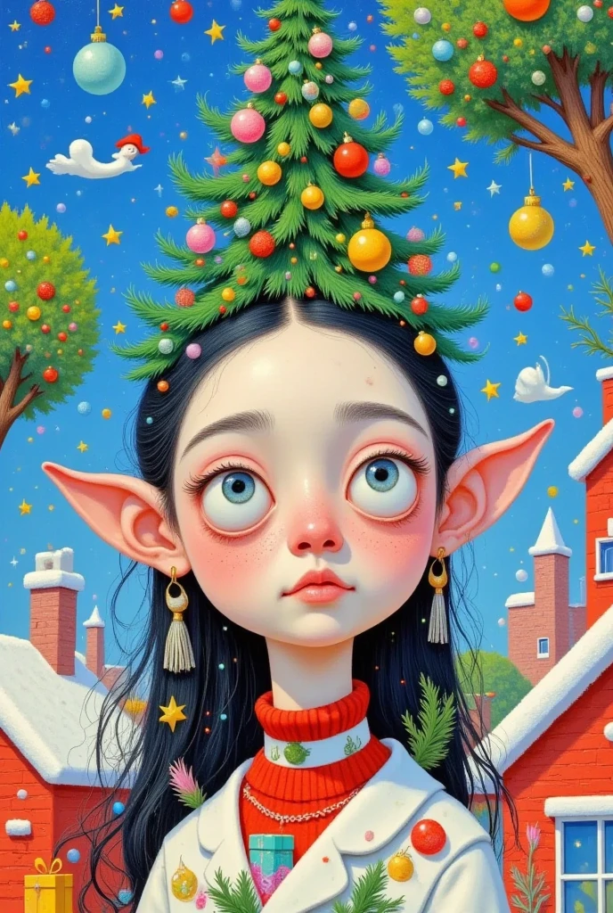 a painting of a woman with a christmas tree on her head, a surrealist painting by Yi Inmun, Artstation, pop surrealism, pop surrealism lowbrow art style, jen bartel, lowbrow pop surrealism, pop surrealism art style, japanese pop surrealism, christmas tree, a beautiful artwork illustration, beeple and jeremiah ketner, magical realism bizarre art