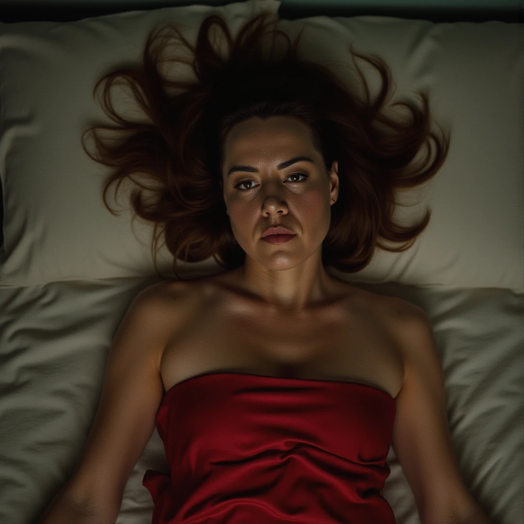 Aubrey plaza, picture from above, lying limp on a bed on back, red strapless dress , drunk face