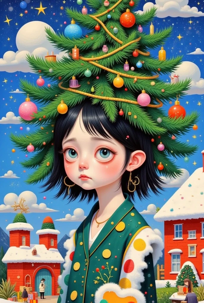 a painting of a woman with a christmas tree on her head, pop surrealism lowbrow art style, jen bartel, lowbrow pop surrealism, pop surrealism art style, japanese pop surrealism, christmas tree, by Yi Inmun, a beautiful artwork illustration, pop surrealism, beeple and jeremiah ketner, magical realism bizarre art, whimsical surrealism