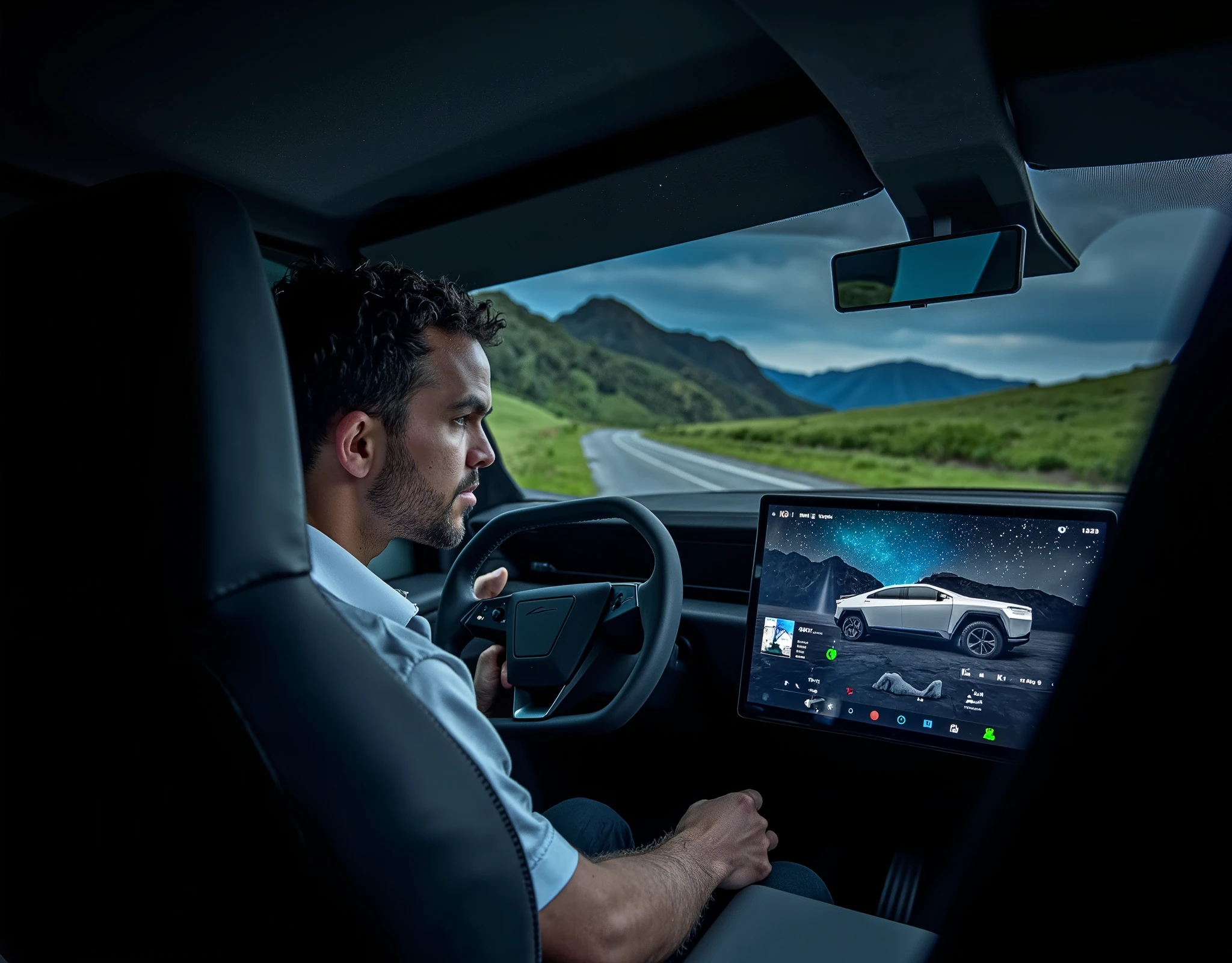 a photography of interiorcybertruck, (interiorcybertruck:1.5), seen from the backseat, backseat view photography,, the driver is a bearded man with light white skin and short curly hair, wears a white polo, he is focused on the road ahead, Outside is cerrodelasilla, (cerrodelasilla:1.5), winding road is flanked by green mountains under a starry night sky