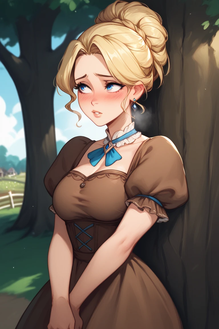 Beautiful vintage woman, with blonde tied hair, blue eyes, wearing an old village brown dress, leaning against the tree in the farm, blushed and shy. 