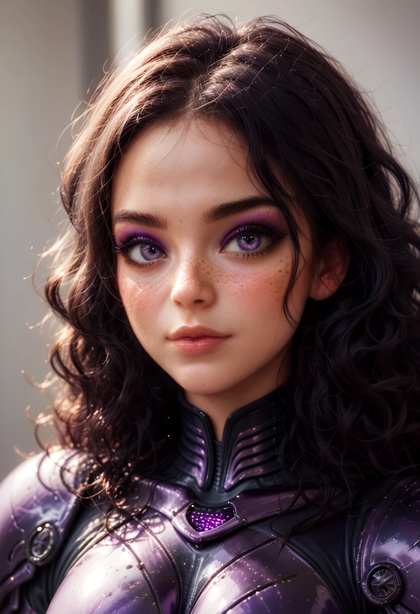 a woman with wavy black hair and purple eyes, black alien armor, freckles, blush, eyeshadow, cute face