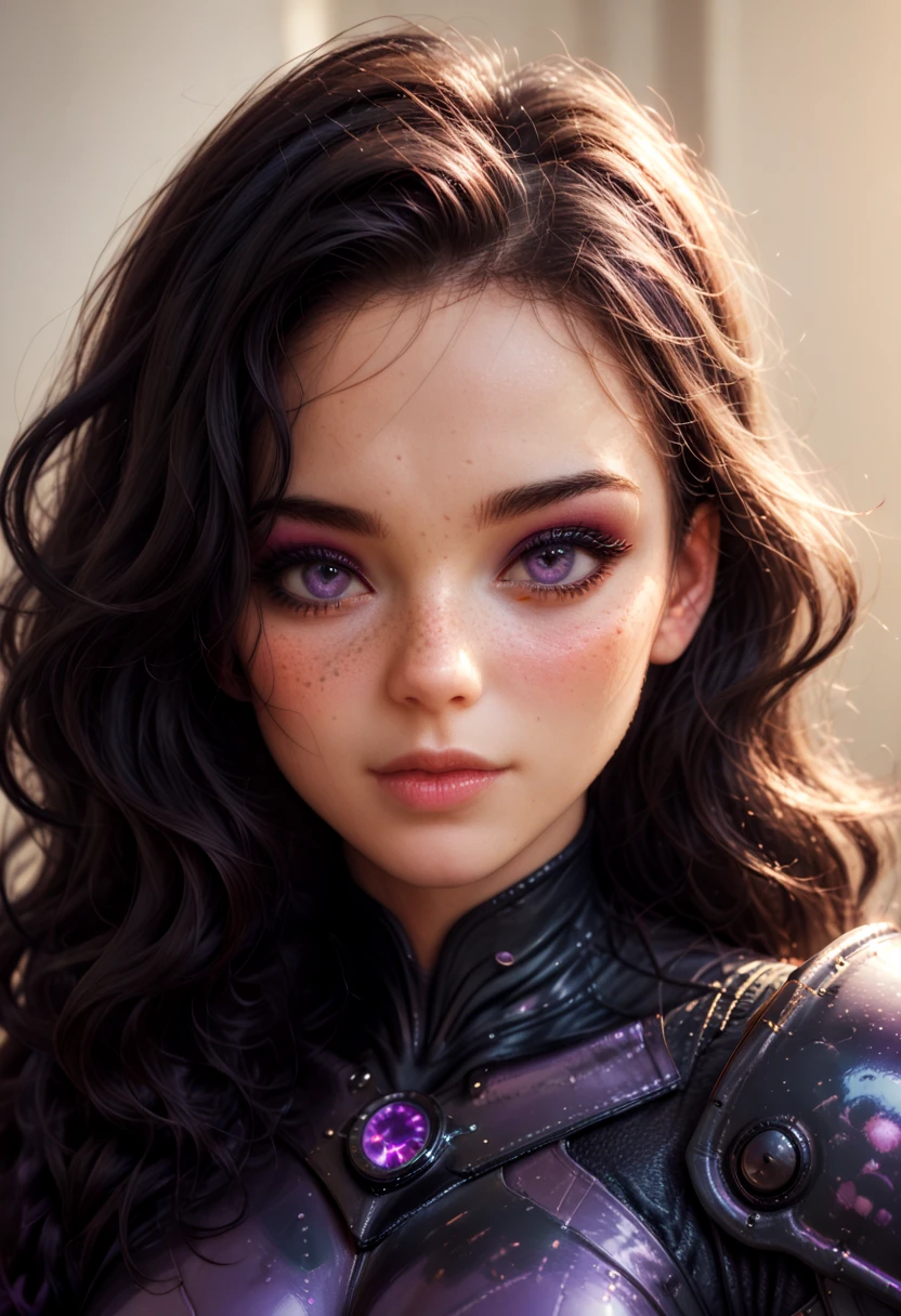 a woman with wavy black hair and purple eyes, black alien armor, freckles, blush, eyeshadow, cute face