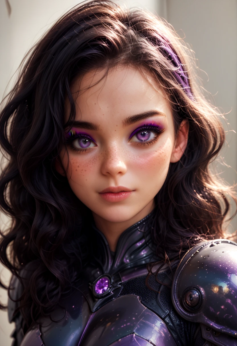 a woman with wavy black hair and purple eyes, black alien armor, freckles, blush, eyeshadow, cute face