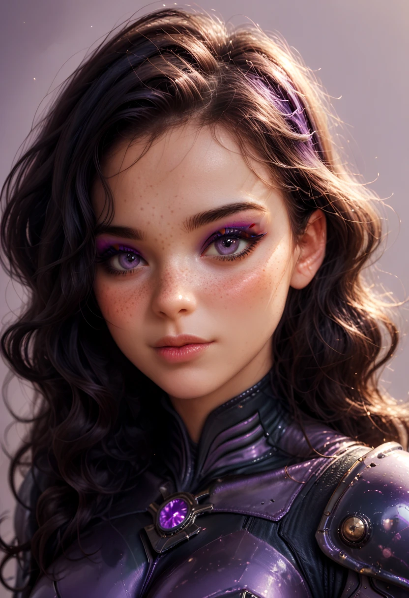 a woman with wavy black hair and purple eyes, black alien armor, freckles, blush, eyeshadow, cute face