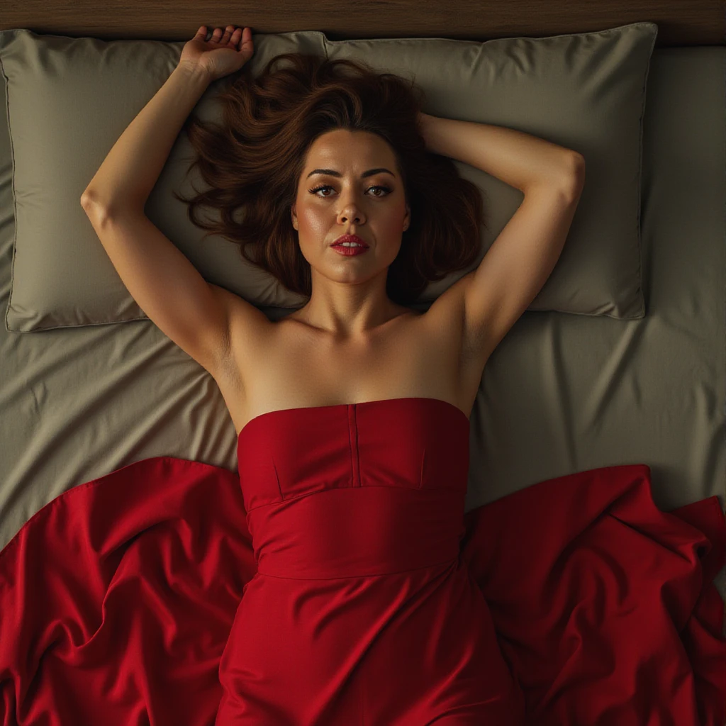 Aubrey plaza, picture from above, lying limp on a bed on back, red strapless dress , drunk face, arms up 