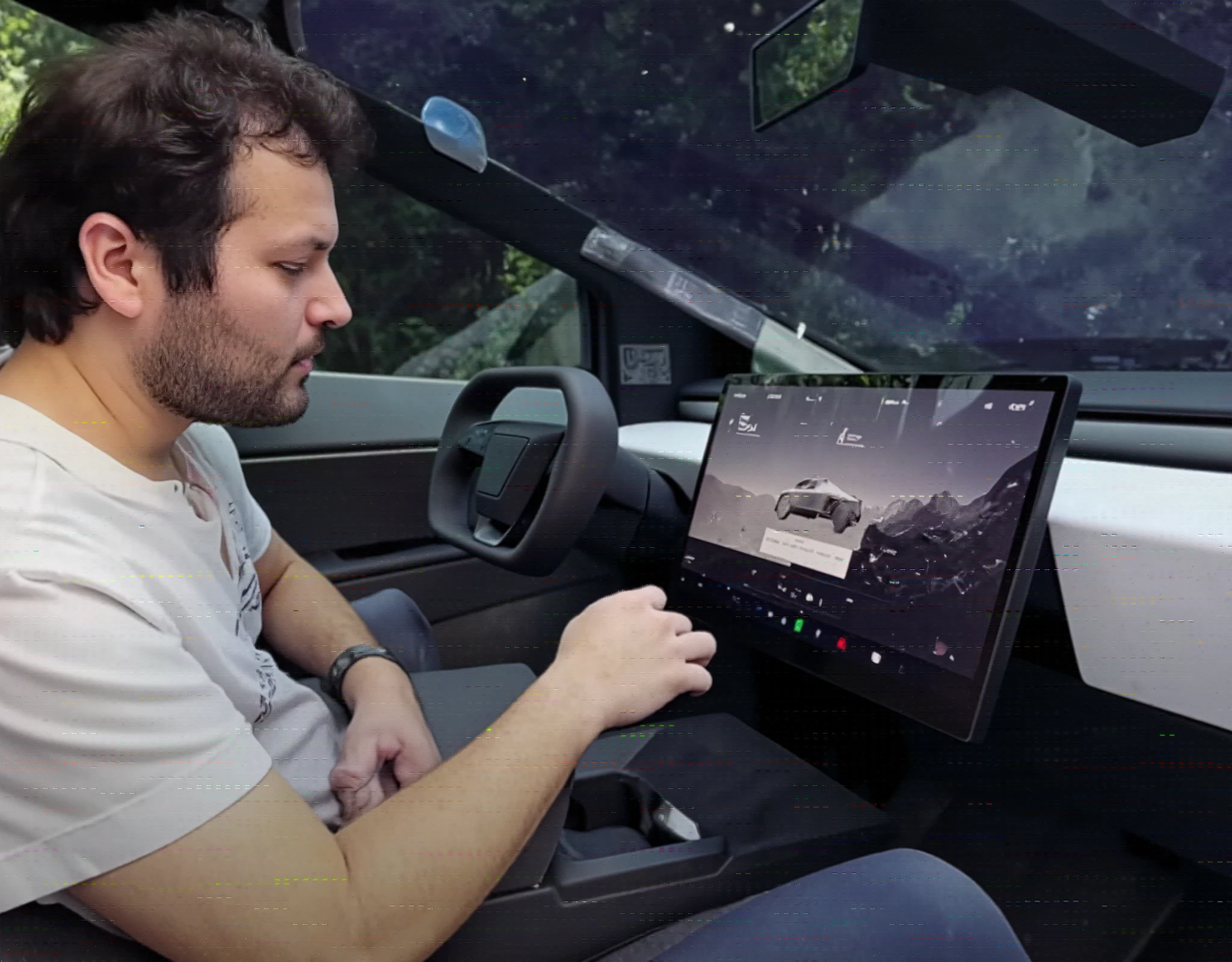 a photography od interiorcybertruck, (interiorcybertruck:1.5), seen from behind, (car interior:1.5), marlongobierno1, (marlongobierno1:1.5) as a bearded man with light white skin and short curly hair, wears a white polo, he is focused on the road ahead. The dashboard features a sleek, modern design with a central infotainment screen displaying a scenic landscape. The car's interior is illuminated by soft, ambient lighting, Outside, cerrodelasilla, (cerrodelasilla:1.5), winding road is flanked by mountains under a starry night sky. The image captures a wide-angle view from the driver's perspective, emphasizing the car's advanced technology