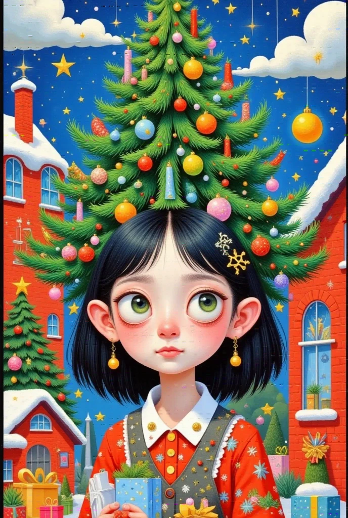 a painting of a woman with a christmas tree on her head, pop surrealism lowbrow art style, jen bartel, lowbrow pop surrealism, pop surrealism art style, japanese pop surrealism, christmas tree, by Yi Inmun, a beautiful artwork illustration, pop surrealism, beeple and jeremiah ketner, magical realism bizarre art, whimsical surrealism