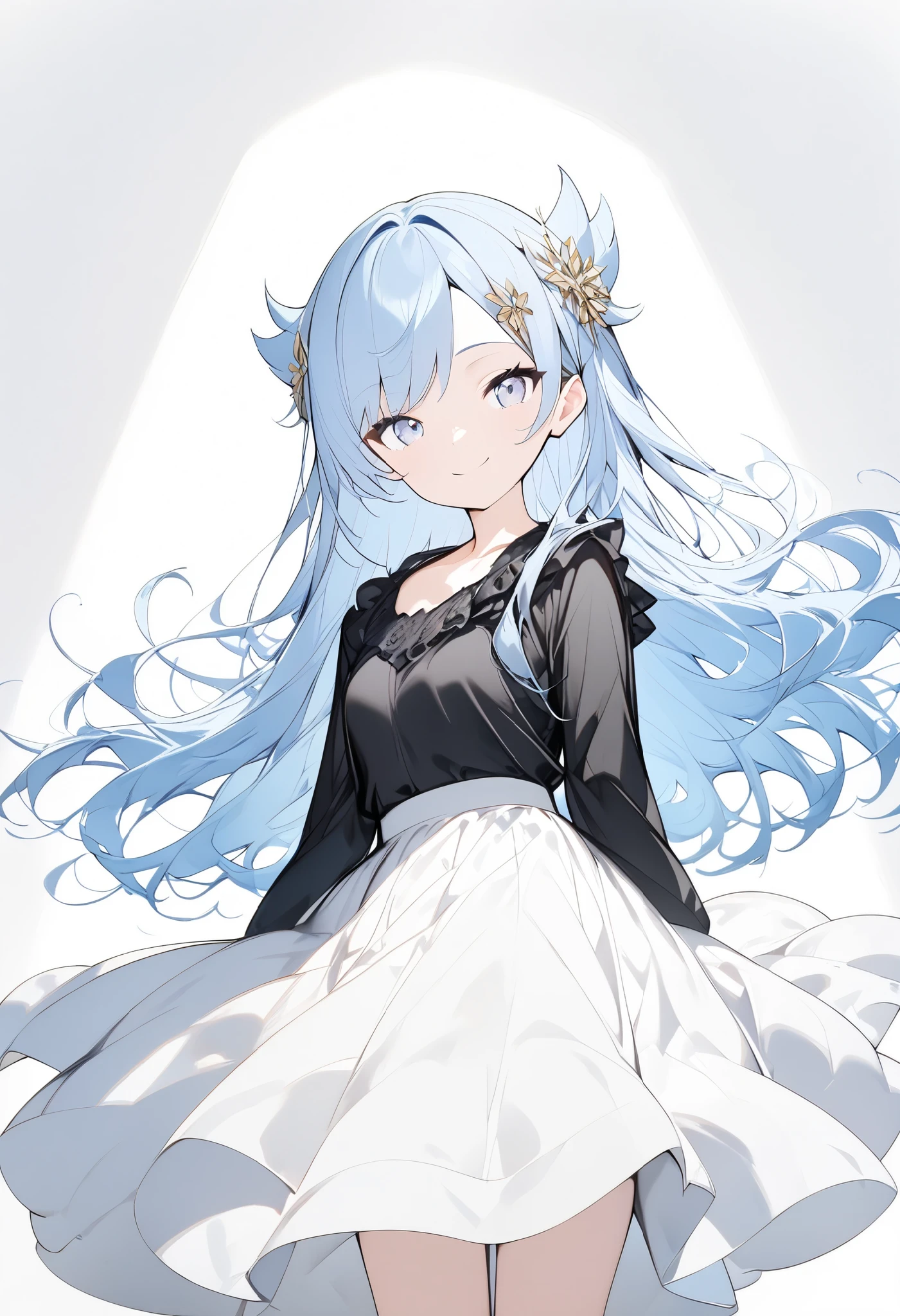 {{masterpiece、 Attention to Details }}、((White background,eye level shot、whole body、full body , looking at me))、18 years old、 One girl 、(Black long sleeve blouse、 long white skirt )、Silver Eyes、smile、 long light blue hair、Long hair、hair flaps、swept bangs、 hair ornament