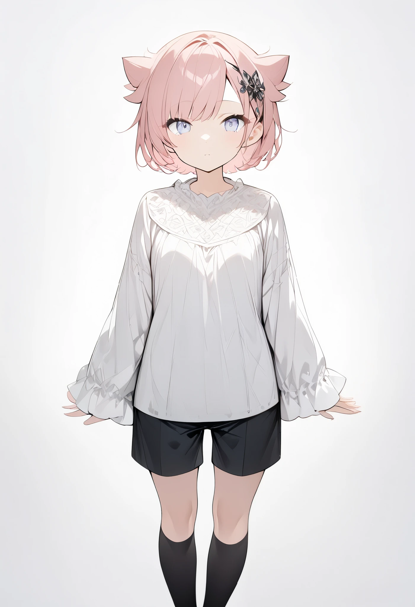 {{masterpiece、 Attention to Details }}、((White background,eye level shot、whole body、full body , looking at me))、18 years old、 One girl 、(White long sleeve blouse、 black shorts 、Silver Eyes、 No Emotion、pink short hair 、Short hair、hair flaps、swept bangs、 hair ornament、 Black Knee Socks 、