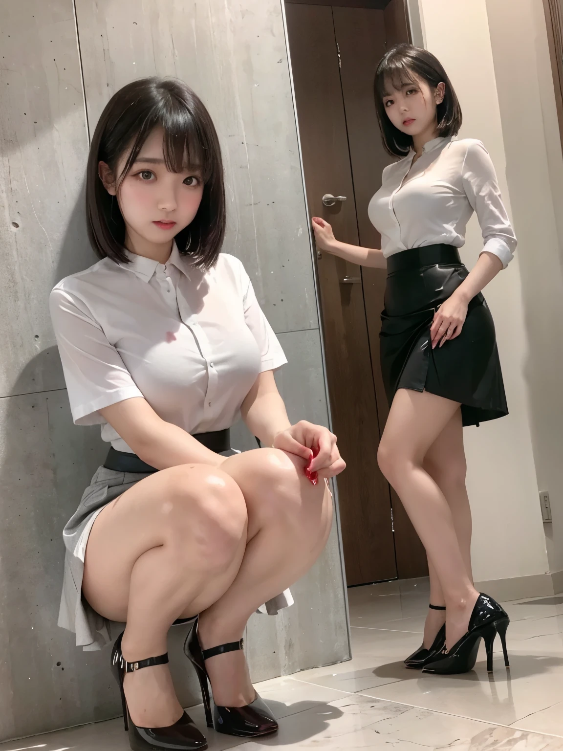 Arafed Asian girl, double eyelid, well designed hands, perfect legs, oppened legs, black high heels, gray hair, big ass, white shirt, plissed gray skirt, (the pubic area is visible), ((dripping menstrual blood)), squat, bottom view, 