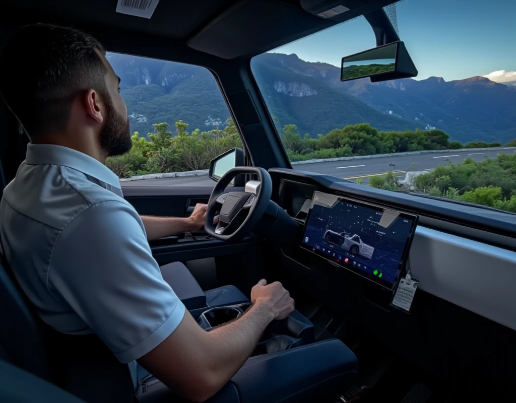 a photography of interiorcybertruck, (interiorcybertruck:1.5), seen from the backseat, backseat view photography,, the driver is a bearded man with light white skin and short curly hair, wears a white polo, he is focused on the road ahead, the coopilot is a tall guy, white skin, black short hair, outside is cerrodelasilla, (cerrodelasilla:1.5), winding road is flanked by green mountains under a starry night sky