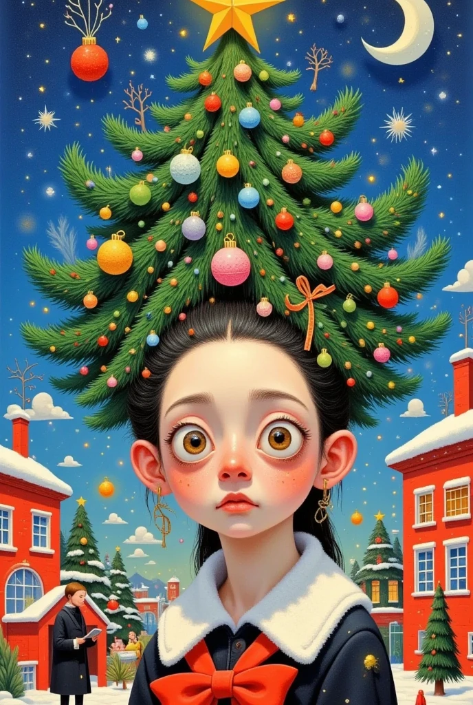 a painting of a woman with a christmas tree on her head, pop surrealism lowbrow art style, jen bartel, lowbrow pop surrealism, pop surrealism art style, japanese pop surrealism, christmas tree, by Yi Inmun, a beautiful artwork illustration, pop surrealism, beeple and jeremiah ketner, magical realism bizarre art, whimsical surrealism