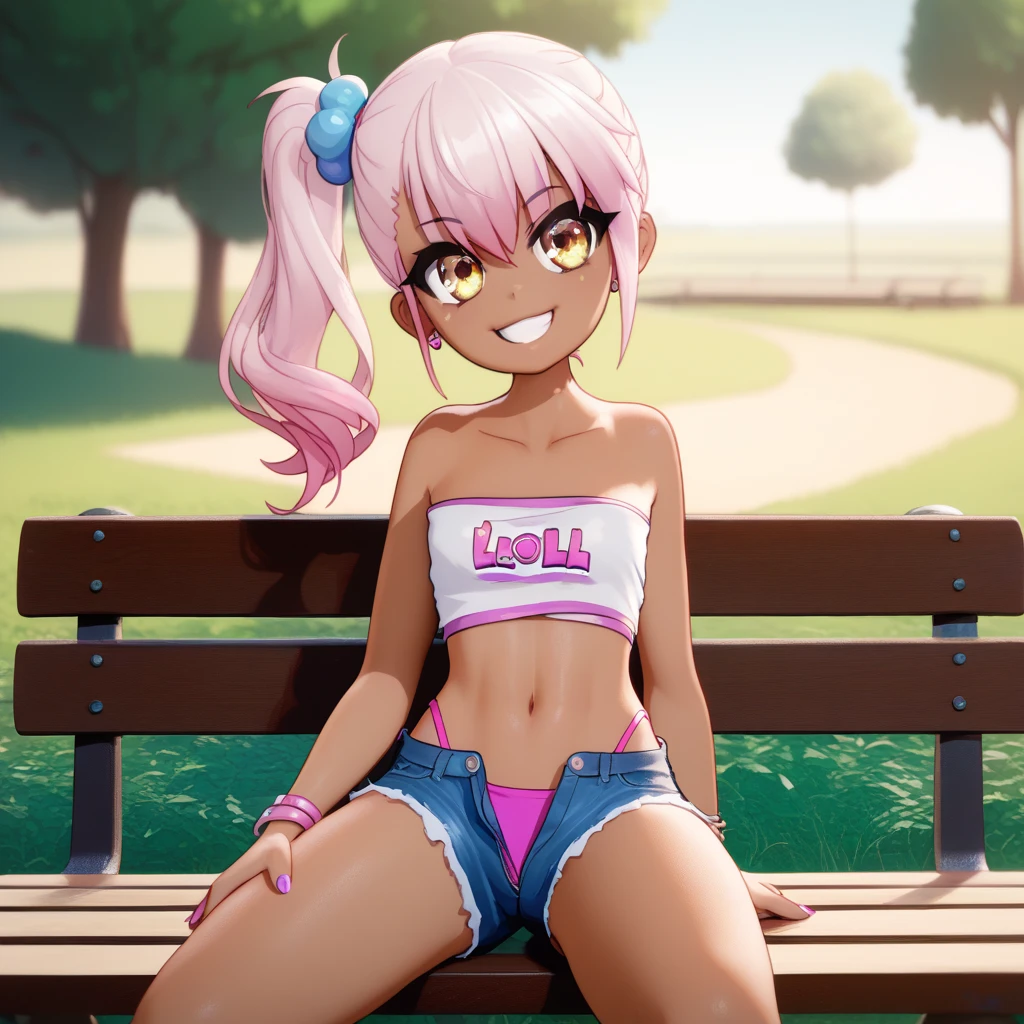 1girl,solo,smile,outdoor,midriff, pink tube top, denim hotpants, open fly, beld, gyaru clothes, thighighs,sitting,bench, chloe,dark_skinned_female,dark_skin,long_hair,pink_hair,yellow_eyes,hair_between_eyes,white_hair,bangs,smal breasts,,half_updo,one_side_up, young girl, (li:1.3), slender waist, nice hips, slut, side ponytail, cameltoe, thong.