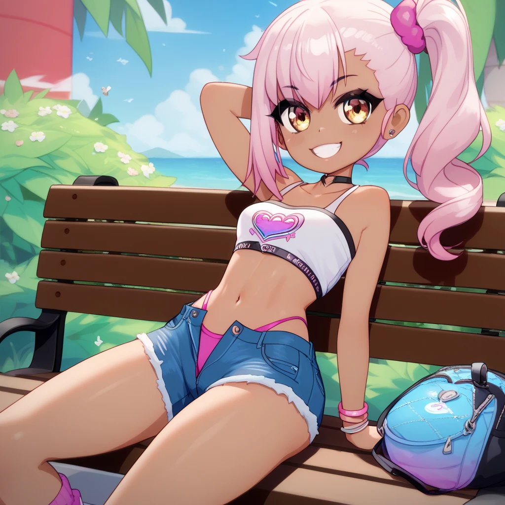 1girl,solo,smile,outdoor,midriff, pink tube top, denim hotpants, open fly, beld, gyaru clothes, thighighs,sitting,bench, chloe,dark_skinned_female,dark_skin,long_hair,pink_hair,yellow_eyes,hair_between_eyes,white_hair,bangs,smal breasts,,half_updo,one_side_up, young girl, (loli:1.3), slender waist, nice hips, slut, side ponytail, cameltoe, thong.