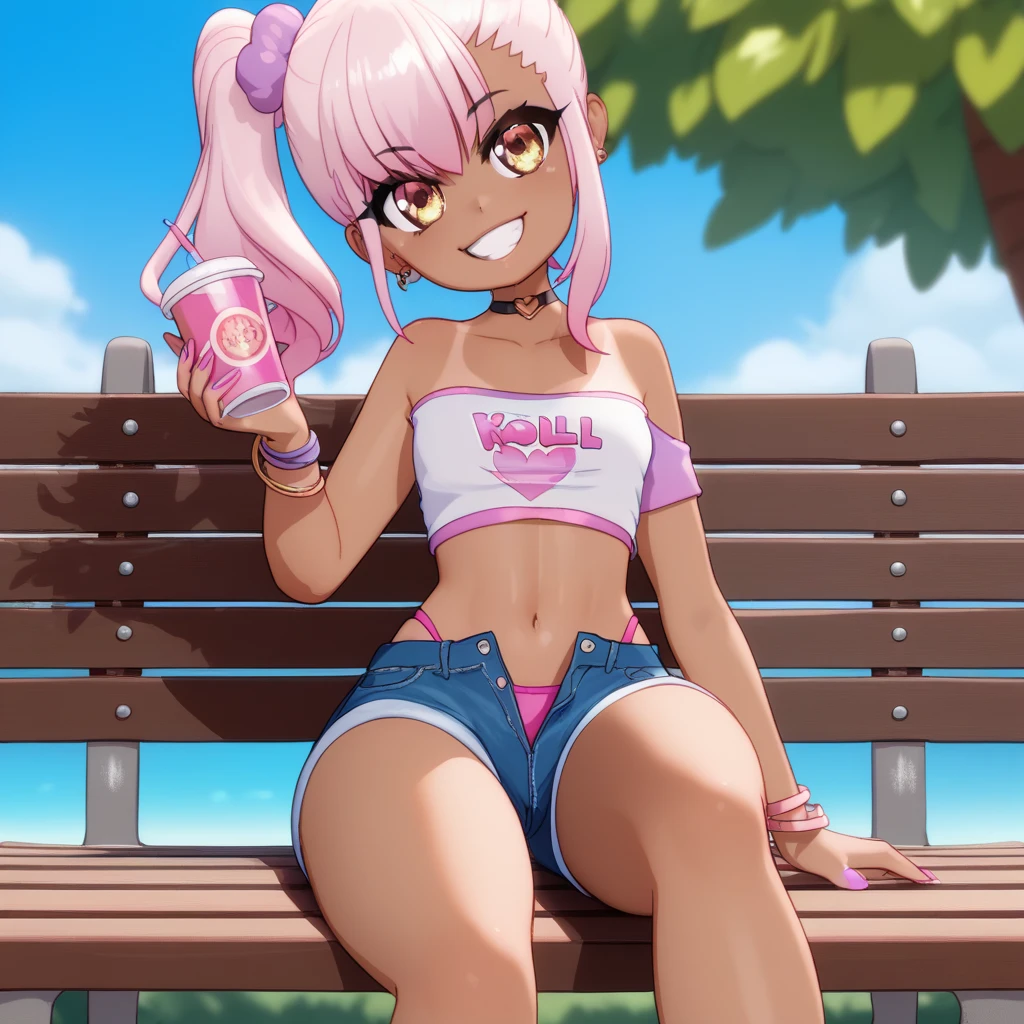 1girl,solo,smile,outdoor,midriff, pink tube top, denim hotpants, open fly, beld, gyaru clothes, thighighs,sitting,bench, chloe,dark_skinned_female,dark_skin,long_hair,pink_hair,yellow_eyes,hair_between_eyes,white_hair,bangs,smal breasts,,half_updo,one_side_up, young girl, (loli:1.3), slender waist, nice hips, slut, side ponytail, cameltoe, thong.