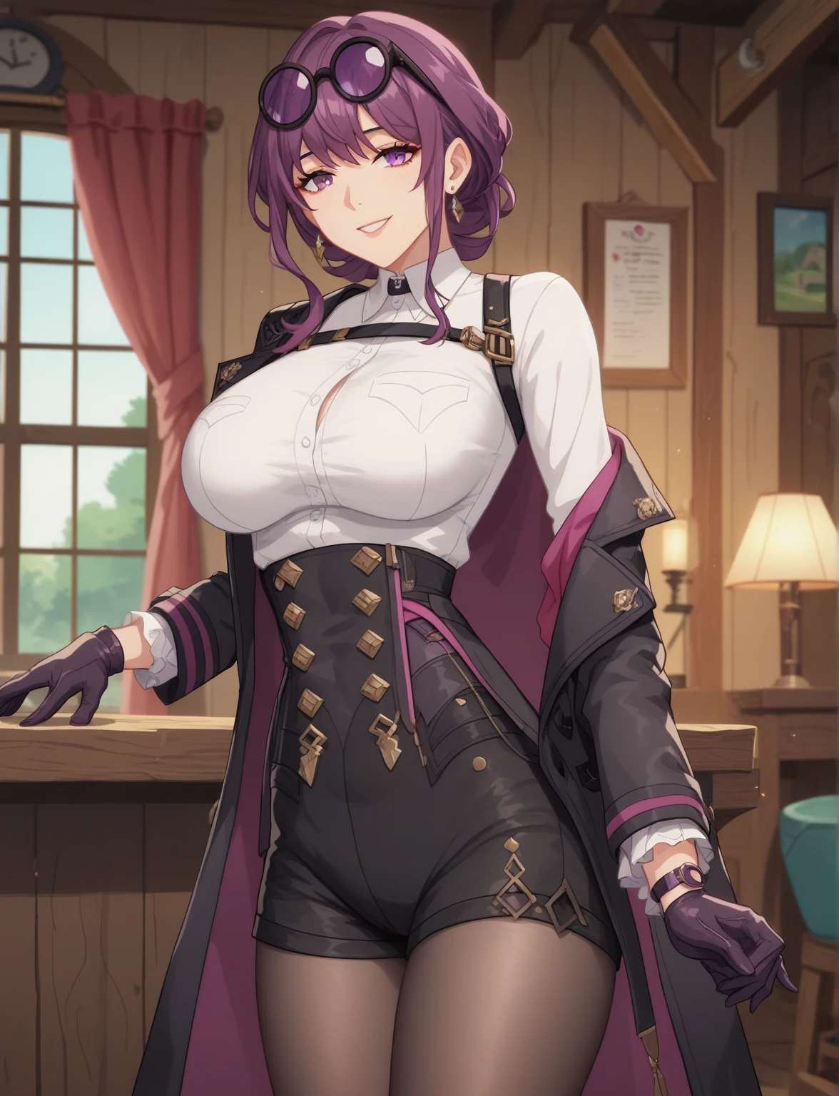 masterpiece, best quality, (anime screencap), 1woman, kafka, purple hair, medium hair, purple eyes, (mature female, sexy body, large breasts), eyewear on head, round eyewear, black jacket, white shirt, gloves, high-waist shorts, pantyhose, pantyhose under shorts, shorts, natural shading, perfect fingers, perfect body, smile, indoors, moldy hut, simple backround,