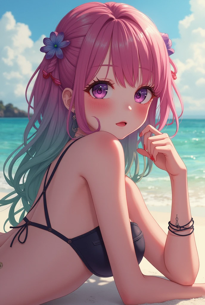 Masterpiece, highest quality, beautiful background, (sea,sky), gravure idol, sexy pose, string bikini, pink hair, pink eyes, the most beautiful woman in the world, the best style, sparkling eyes, detailed eyes, beautiful face,