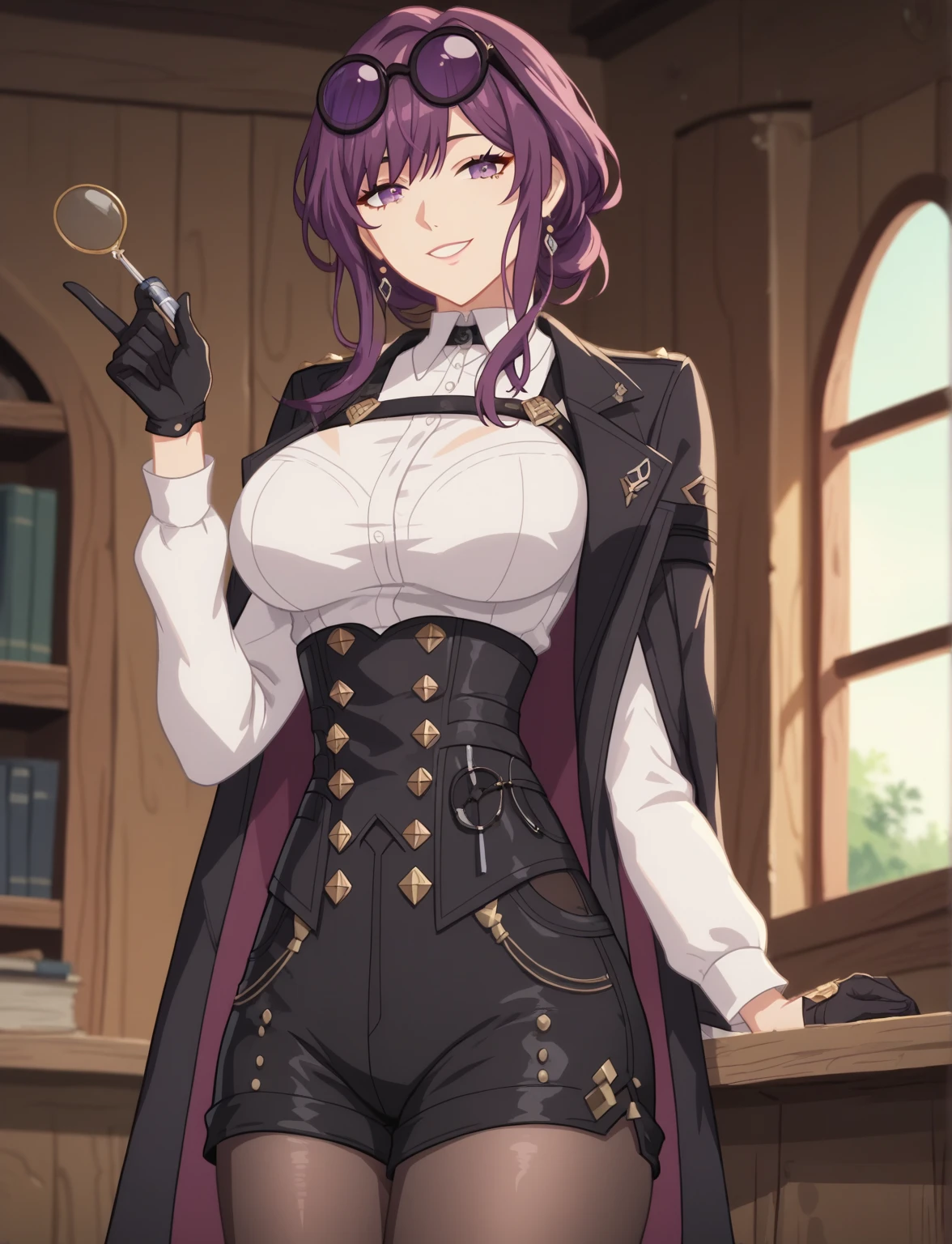 masterpiece, best quality, (anime screencap), 1woman, kafka, purple hair, medium hair, purple eyes, (mature female, sexy body, large breasts), eyewear on head, round eyewear, black jacket, white shirt, gloves, high-waist shorts, pantyhose, pantyhose under shorts, shorts, natural shading, perfect fingers, perfect body, smile, indoors, moldy hut, simple backround,