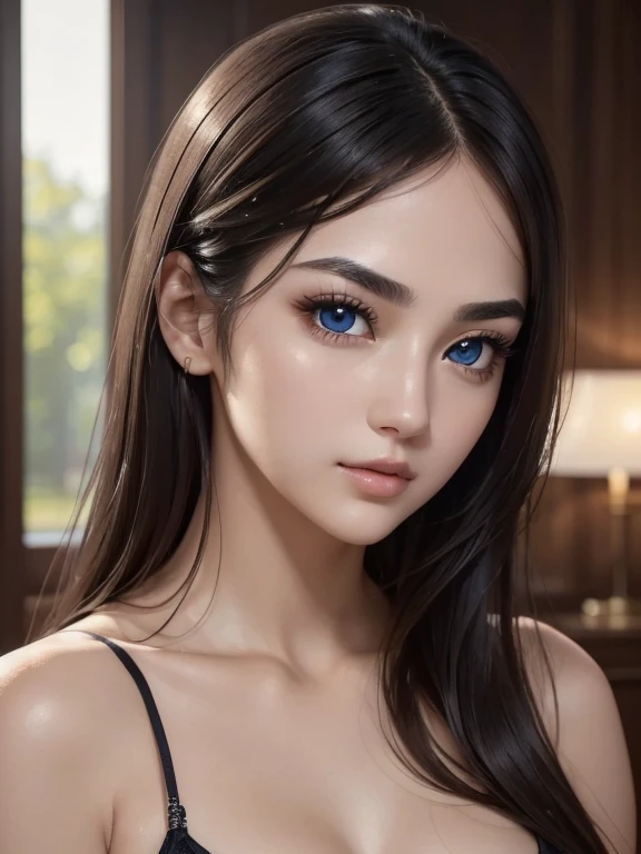 1 girl, black hair, ((annoyed expression)), beautiful breasts, white thin tank top, good posture, symmetrical clothing, (facing forward), (blushing cheeks, disdainful expression), (beautiful face), upper body, (((portrait))), blue eyes, (((evenly cut bangs))), transparent, ((sexy lingerie)), (best quality,4k,8k,highres,masterpiece:1.2),ultra-detailed,(realistic,photorealistic,photo-realistic:1.37),HDR,UHD,studio lighting,ultra-fine painting,sharp focus,physically-based rendering,extreme detail description,professional,vivid colors,bokeh,portrait